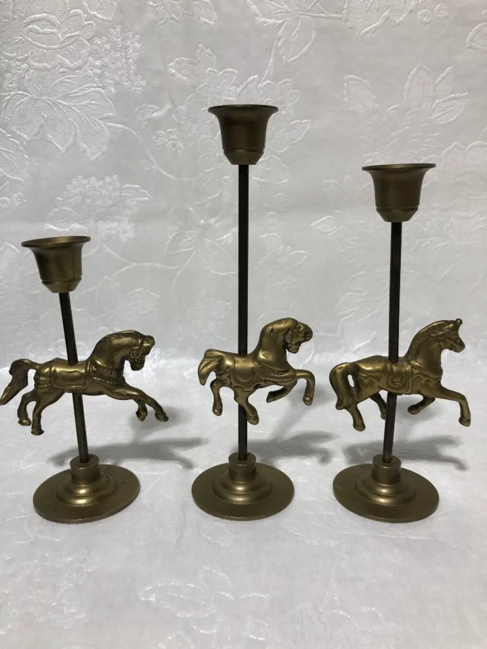Vintage brass carousel horse candlestick holders set of 3